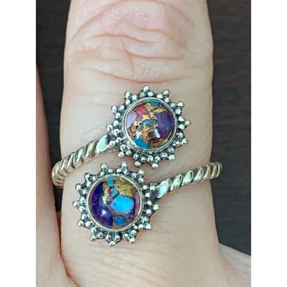 925 Sterling Silver Pink Dahlia Turquoise Adjustable Sunburst Bypass Ring